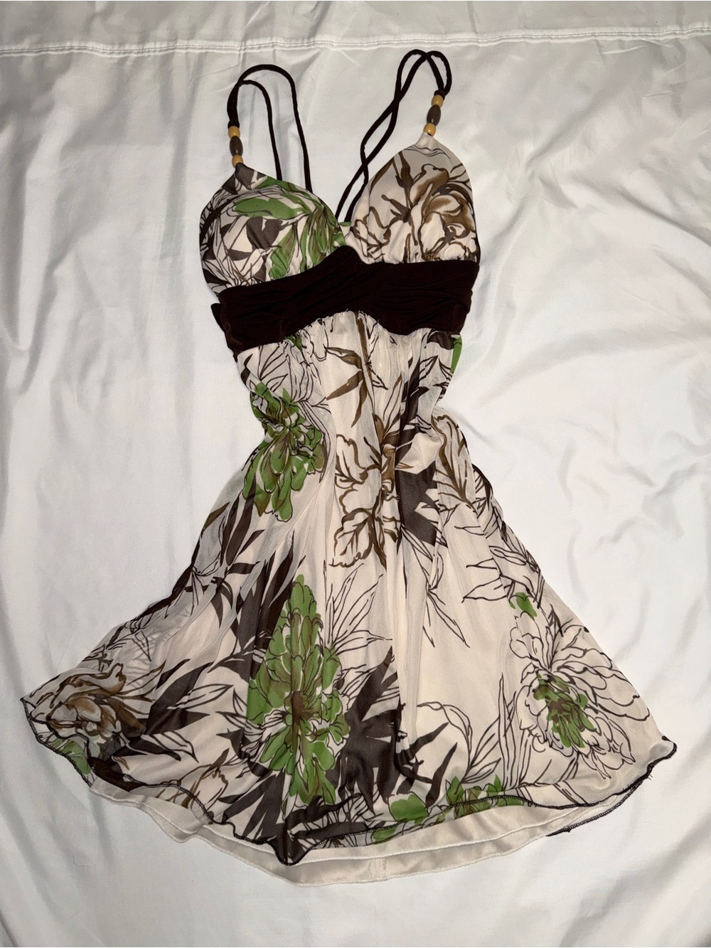 Floral Spaghetti-Strap Sundress in Cream and Green